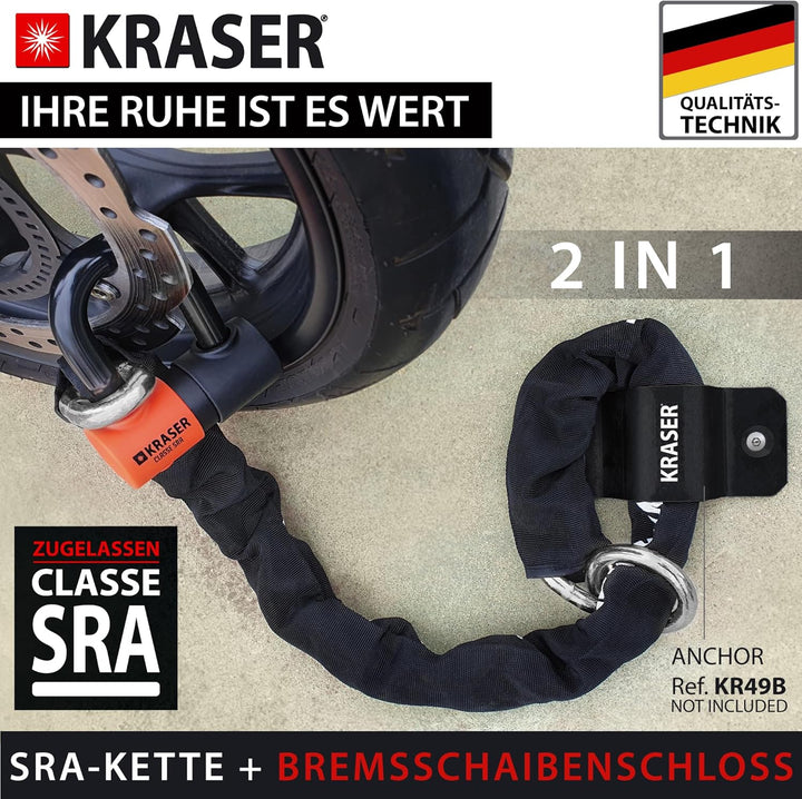 KRASER KR50120L Kettenschloss Schloss Motorrad-Scheibensperre gegen Diebstahl Mini U ø18 + Kette 120