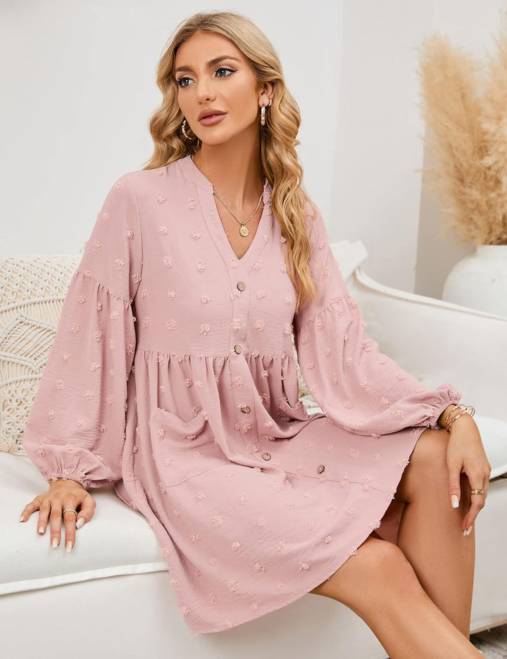 KOJOOIN Damen Tunika Kleid Langarm Swing Kleid kurz V-Ausschnitt Knopfleiste Blusenkleid Swiss Dot C