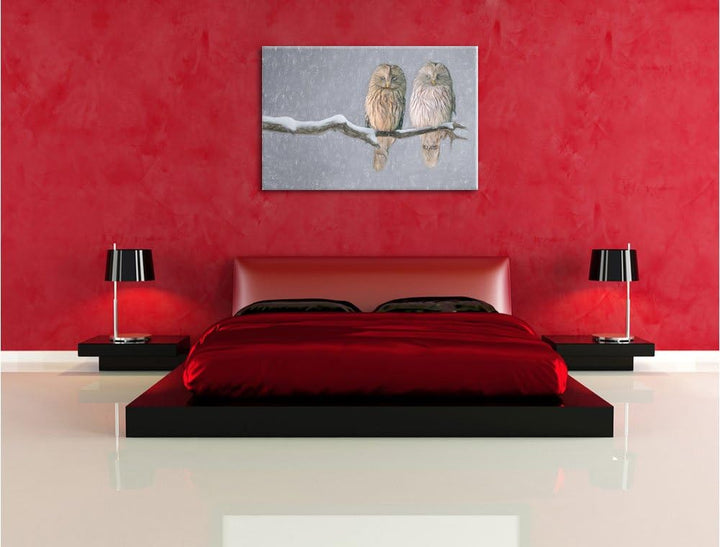 Pixxprint Zwei Eulen in Winterlandschaft Kunst Buntstift Effekt, Format: 100x70 auf Leinwand, 100x70