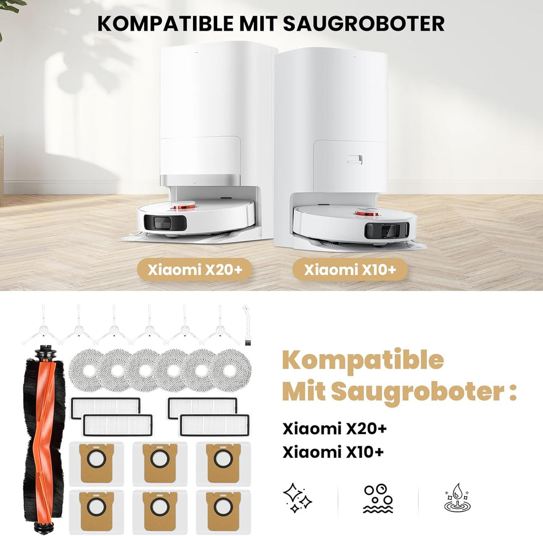 NIXOOT 24 Stück Zubehörset für Xiaomi X20+ / X10+ Saugroboter, Ersatzteile 1 Hauptbürste 6 Wischpad