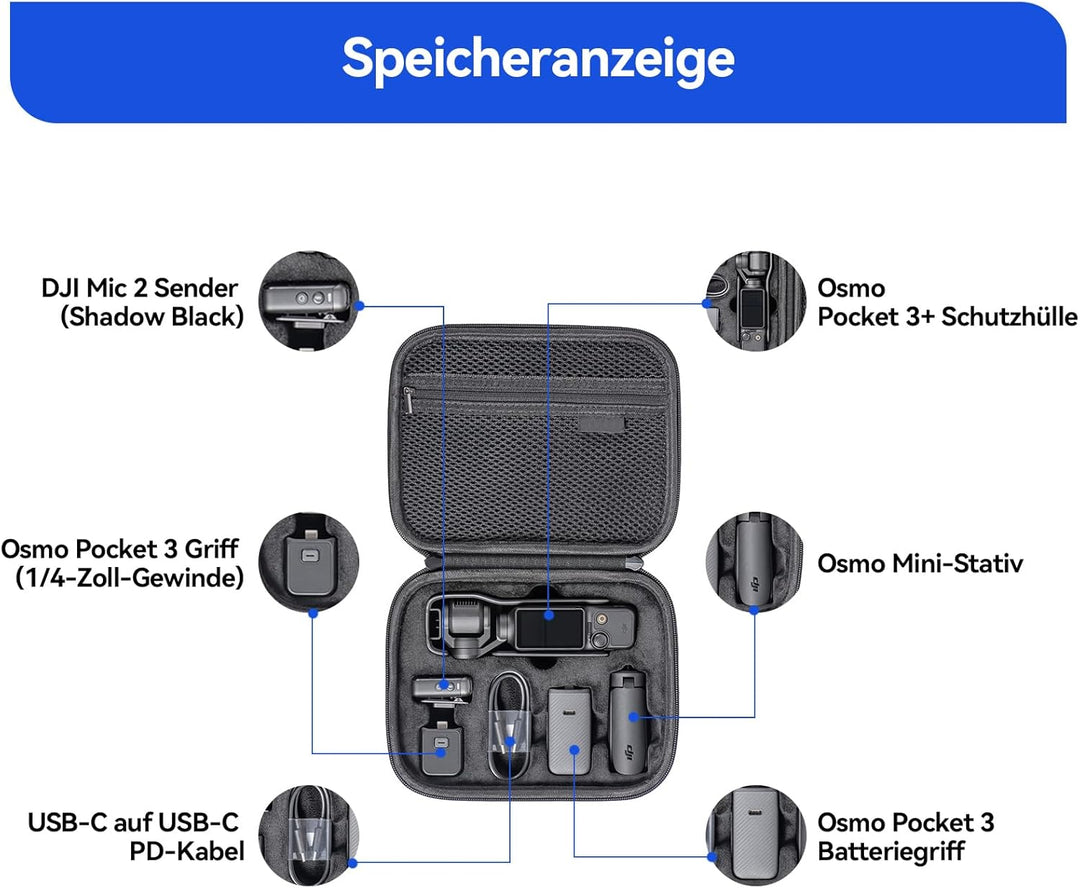 DJI Osmo Pocket 3 Zubehör, Tasche + Objektivschutz + Displayschutzfolie, Tragbarer Aufbewahrungs Kof
