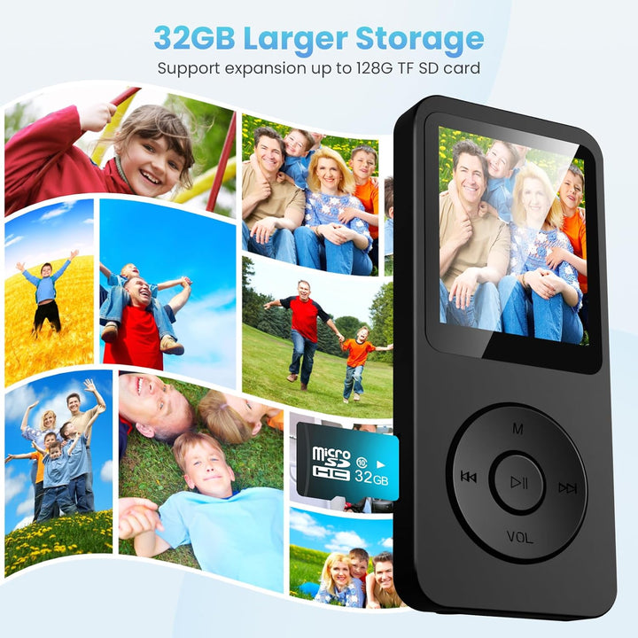 32GB MP3 Player Bluetooth 5.3 mit 1.8" TFT Farbbildschirm mit Kopfhörer, HiFi Musik Kinder MP3 Playe