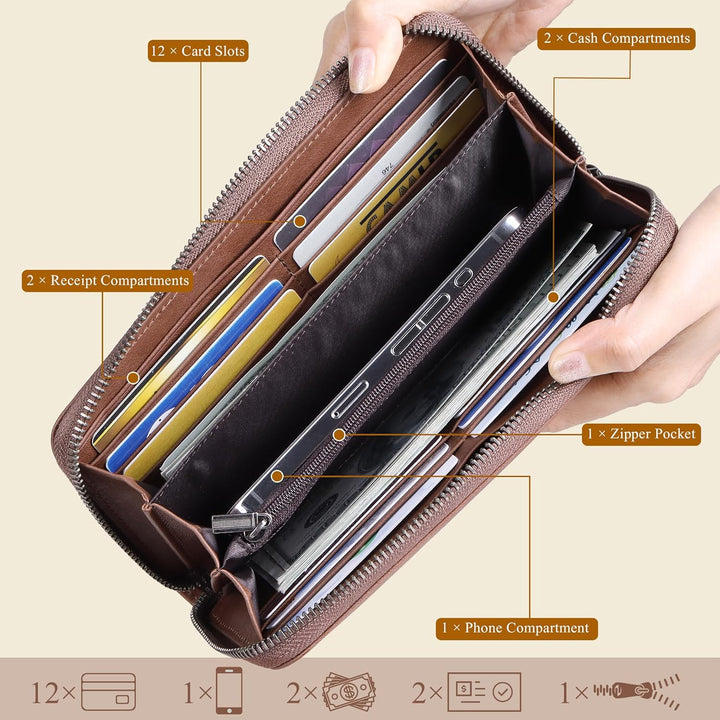 VISOUL Geldbörse aus echtem Leder, lange Geldbörse mit Reissverschluss, für Herren, mit RFID-Blockie