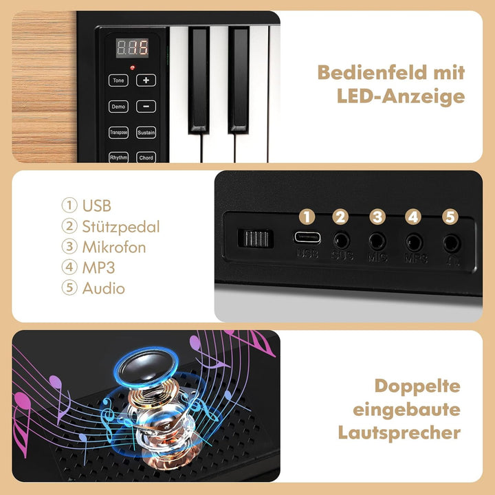 COSTWAY Digital Piano mit 61 Tasten, Elektrtisches Klavier klappbar mit Bluetooth, Notenständer, Ped