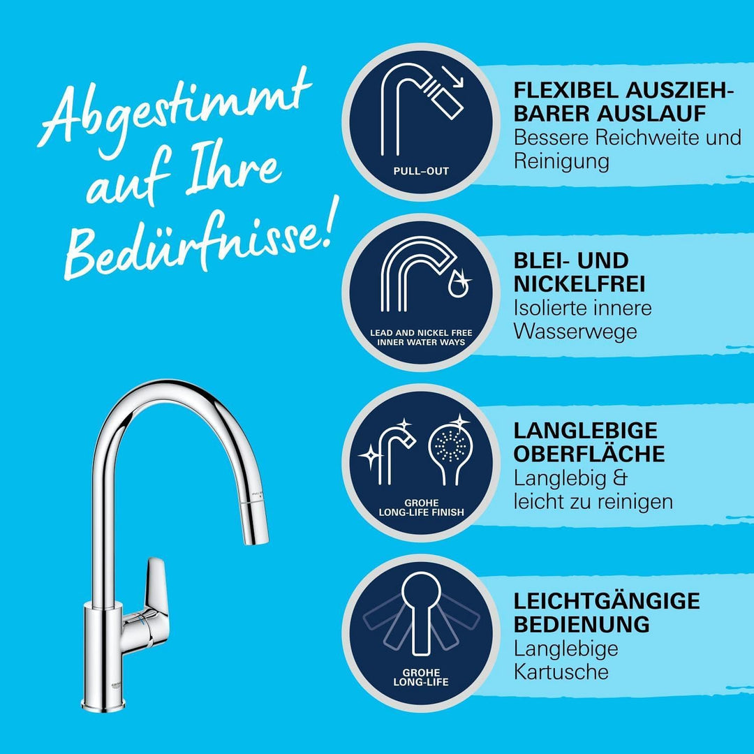GROHE StartEdge - Einhand- Spültischarmatur (hoher Auslauf, herausziehbare Mousseurbrause, Schwenkbe