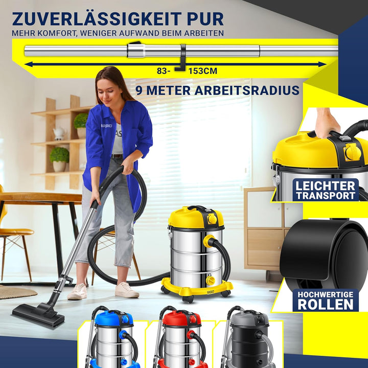 MASKOยฎ Industriestaubsauger Staubsauger Nass Trocken Sauger Edelstahl 2300W + Steckdose | Blasfunkti