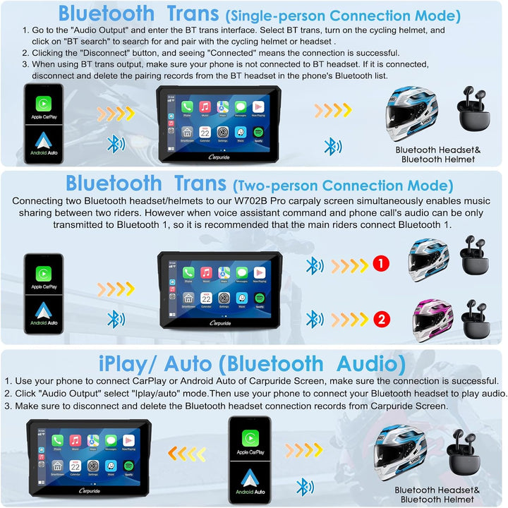 Carpuride W702B Pro Motorrad-Carplay-Bildschirm mit Halterung für BMW-Motorräder, Kabelloses CarPlay