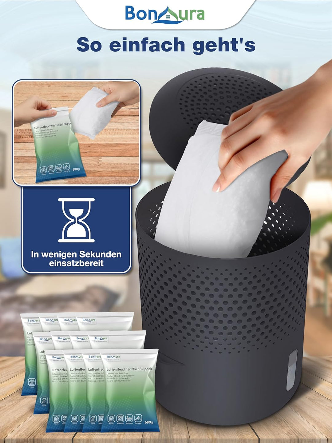 BonAura® Luftentfeuchter ohne Strom | Raumentfeuchter bis 23m² für Keller, Bad | mit 680g Luftenfeuc