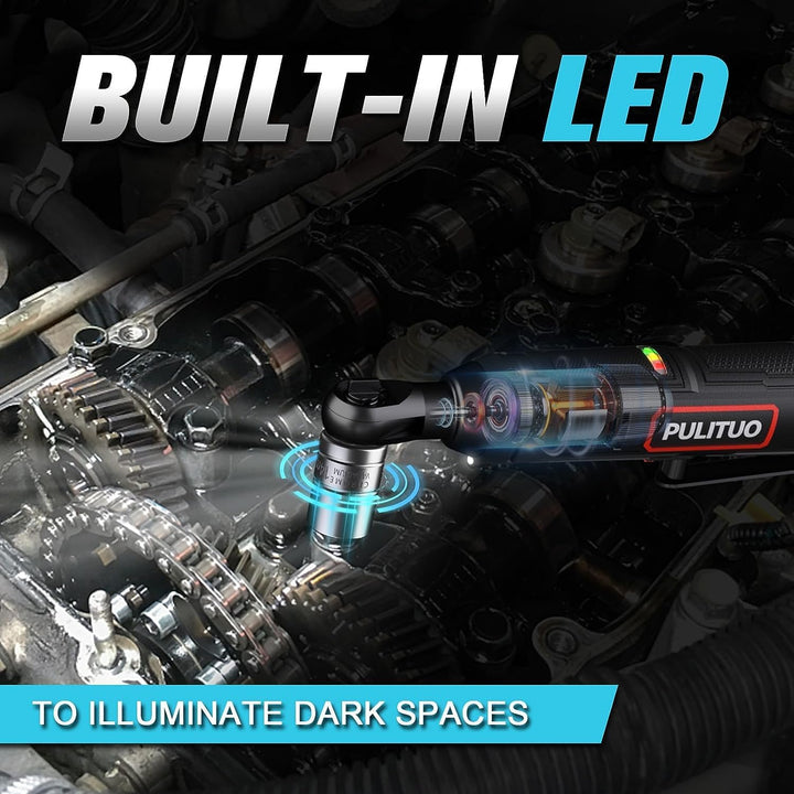 PULITUO Elektrische Ratschenschlüssel Set, 12V Akku Ratschenschlüssel 3/8" mit 2pcs 2000mAh Akkus un