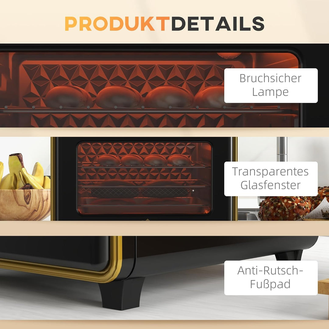 HOMCOM Minibackofen 20L, 5 in 1 Pizza-Ofen inkl. Backblech Set, Frittierkorb, Krümelblech, 1 Std. Ti