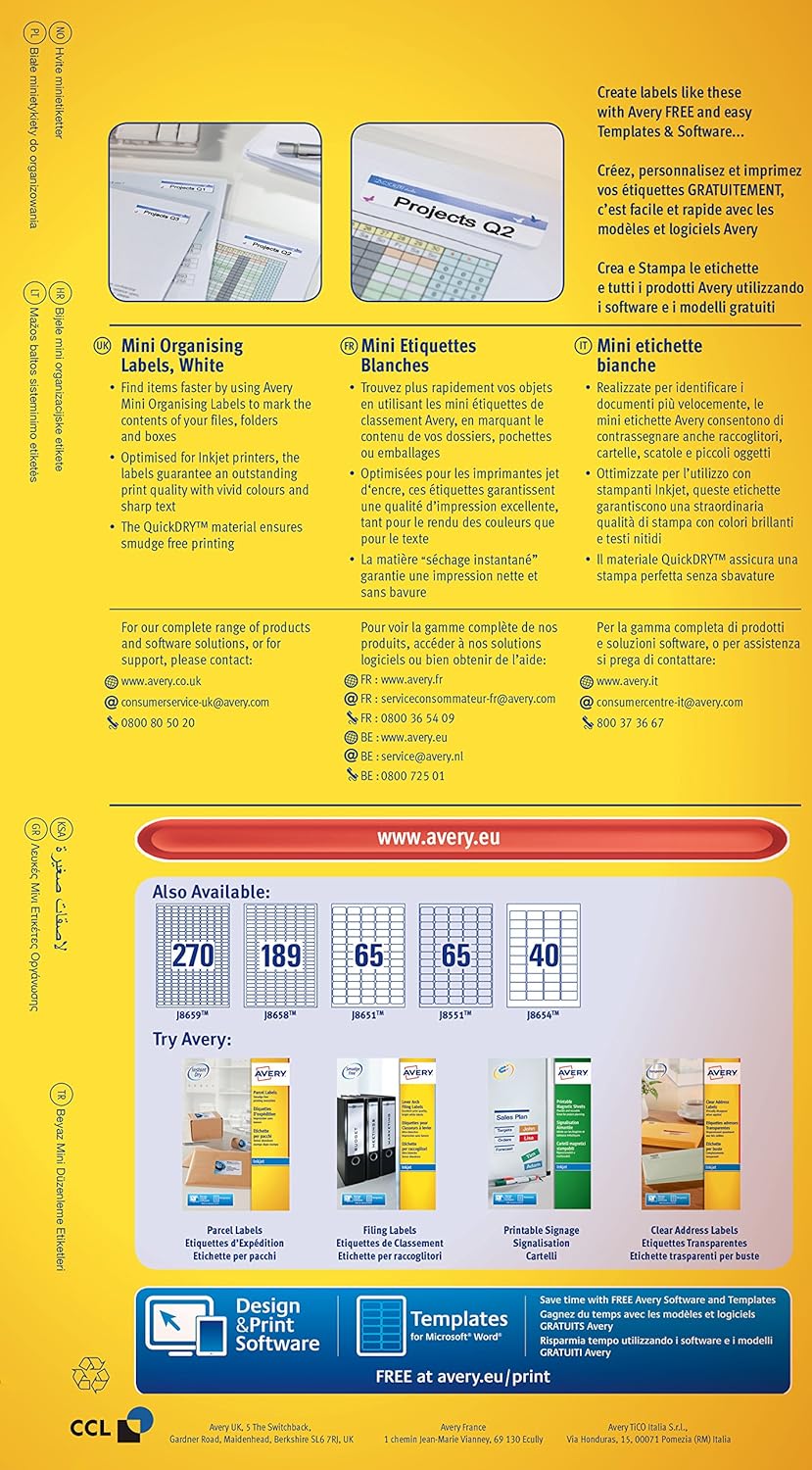 Avery J8654-25 Mini-Etiketten für Tintenstrahldrucker (40 pro Blatt, 45,7 x 25,4 mm) 1000 Etiketten