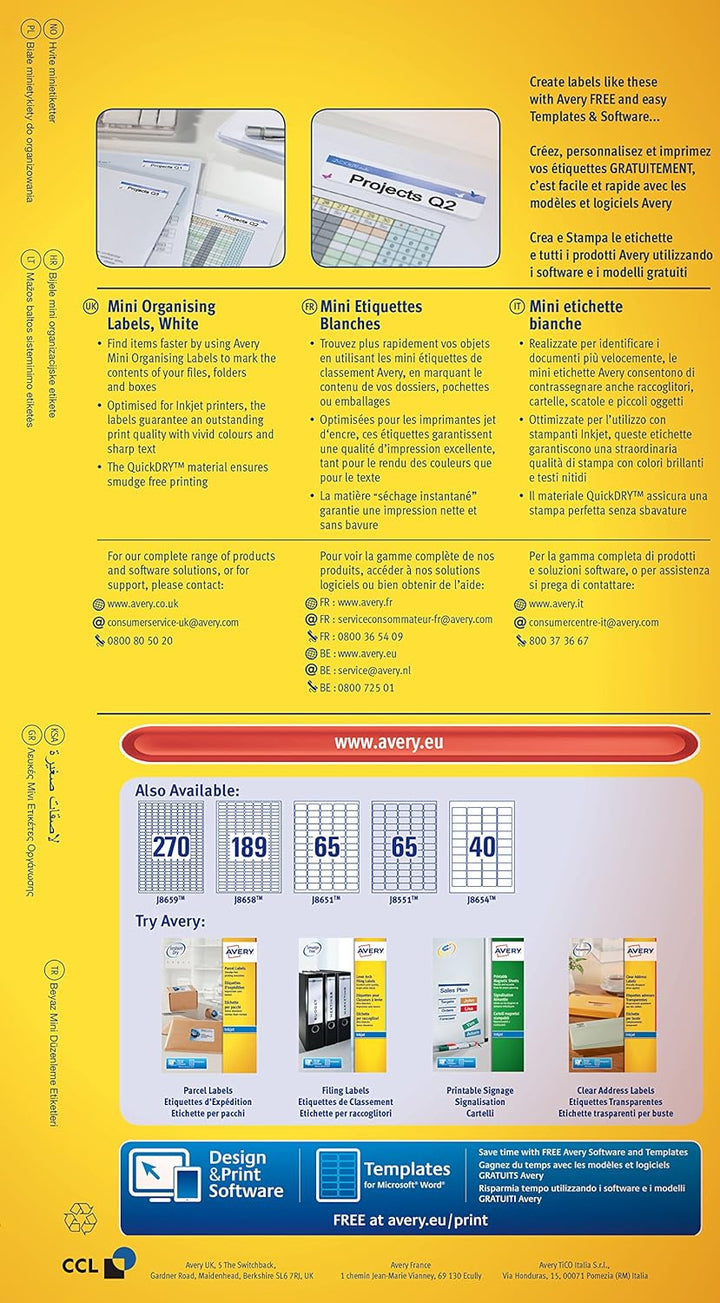 Avery J8654-25 Mini-Etiketten für Tintenstrahldrucker (40 pro Blatt, 45,7 x 25,4 mm) 1000 Etiketten
