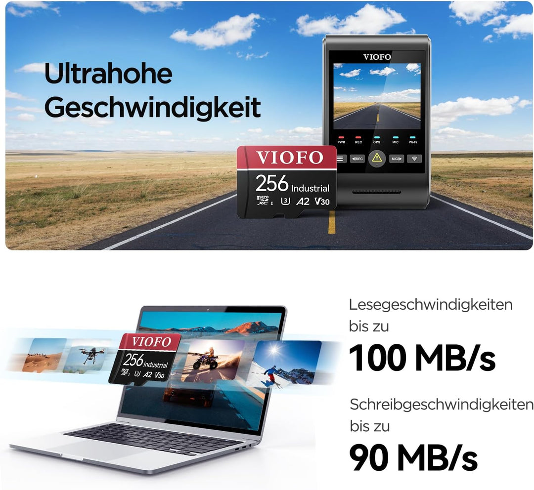 VIOFO 256GB Speicherkarte, hohe Geschwindigkeit mit Adapter U3, Kompatibel für 4K WiFi Dashcam Auto