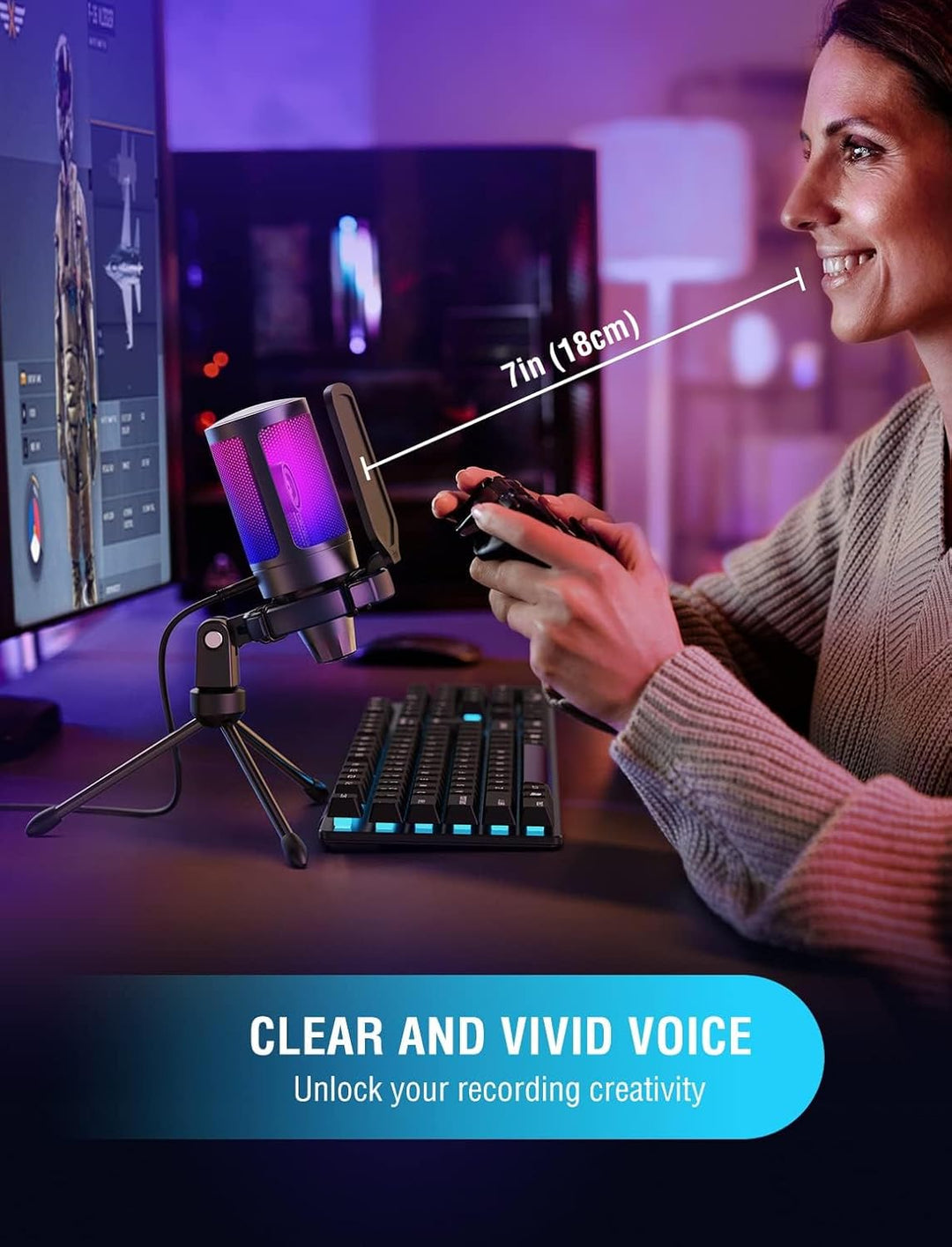 FIFINE USB Gaming Mikrofon, RGB Kondensator Mikrofone PC PS4 PS5, USB C Microphone mit Stummschaltta