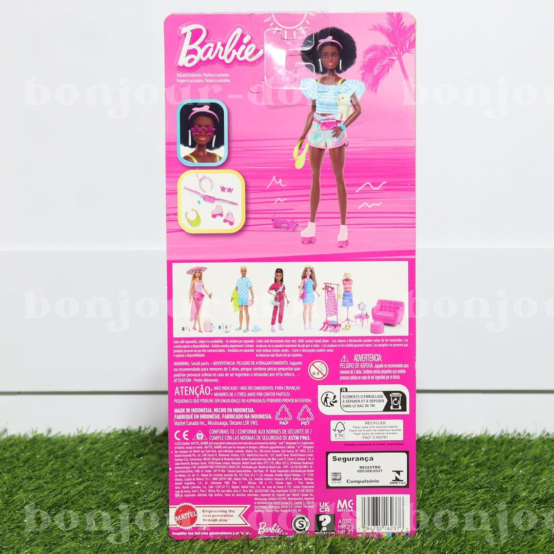 Barbie - Rollerskate-Puppe mit Welpen und Trendiger Kleidung, Afro-Hairstyle und Accessoires für Ges