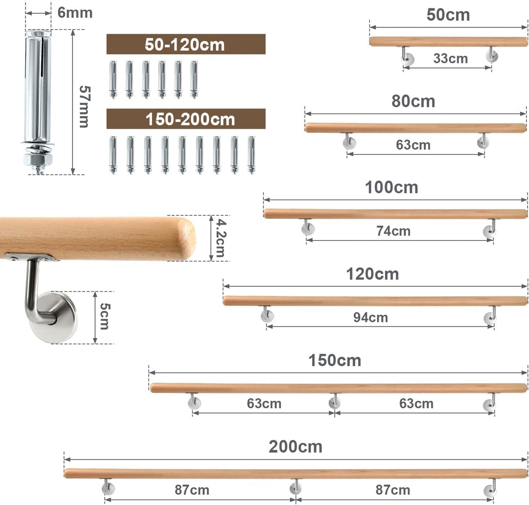Ikodm Buche Holz Handlauf Treppengeländer 50cm Ø 42mm Geländer für Treppe Treppe Wandhandlauf Wand T