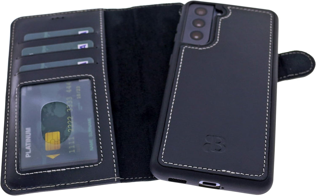 Burkley 2-in-1 Leder Handytasche für Samsung Galaxy S21 FE - Abnehmbares Back Cover, 360° Schutz, RF