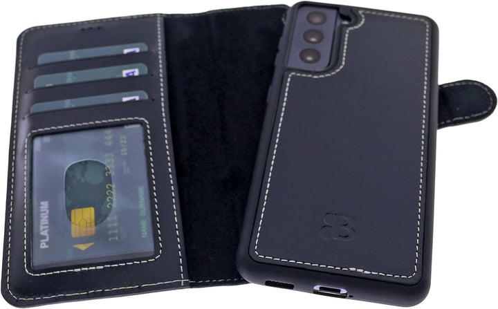 Burkley 2-in-1 Leder Handytasche für Samsung Galaxy S21 FE - Abnehmbares Back Cover, 360° Schutz, RF
