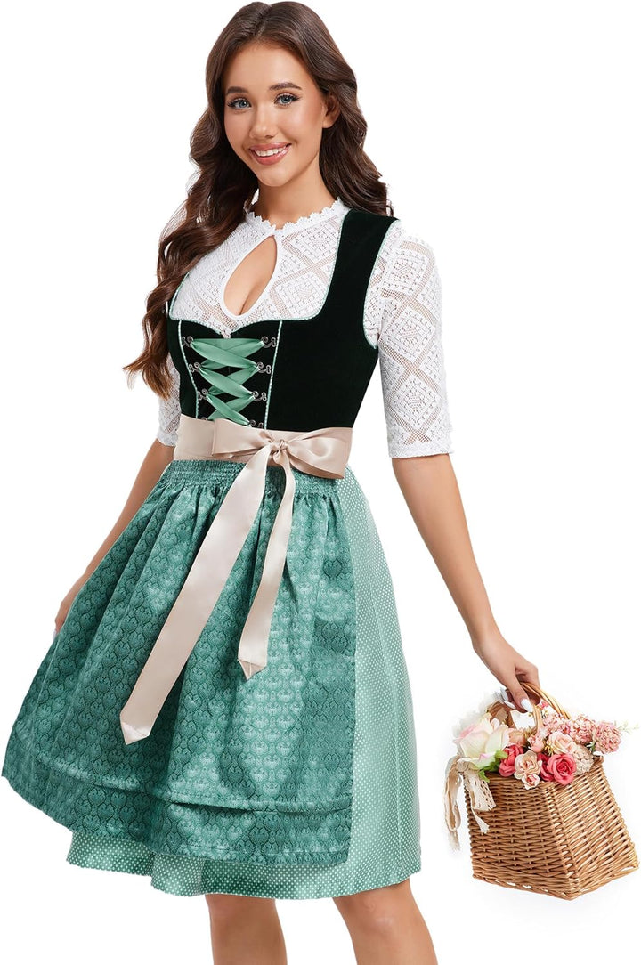 KOJOOIN Dirndl Damen Kurz Trachtenkleid 3tlg. Midi Dirndl für Oktoberfest DREI Teilig: Dirndlkleid,S