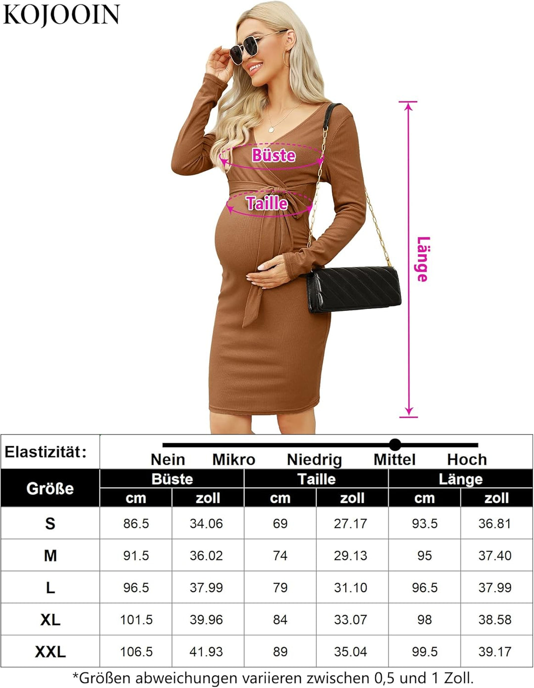 KOJOOIN Damen Umstandskleid Enge Langarm Stillkleid V-Ausschnitt Schwangere Kleider Mutterschaft Sch