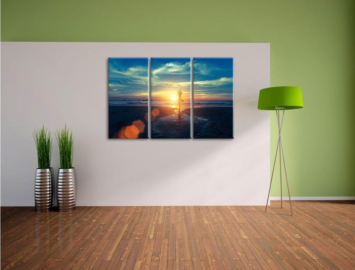 Pixxprint Yoga Silhouette am Strand als Leinwandbild/Grösse: 3 Teilig (120x80) / Wandbild/Kunstdruck