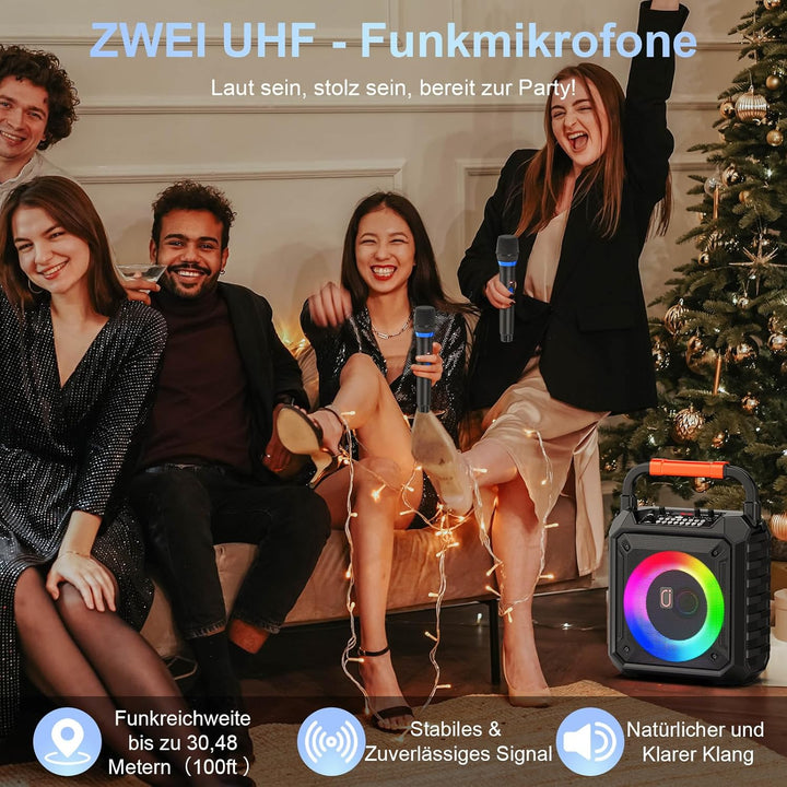 JAUYXIAN Karaoke Machine mit 2 drahtlosen Mikrofones, Tragbaren Bluetooth Lautsprecher mit RGB-Licht