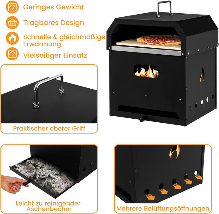 COSTWAY 4-in-1 Pizzaofen, Outdoor-Grill, holzbefeuerter Pizza Ofen mit wasserdichter Abdeckung, Pizz