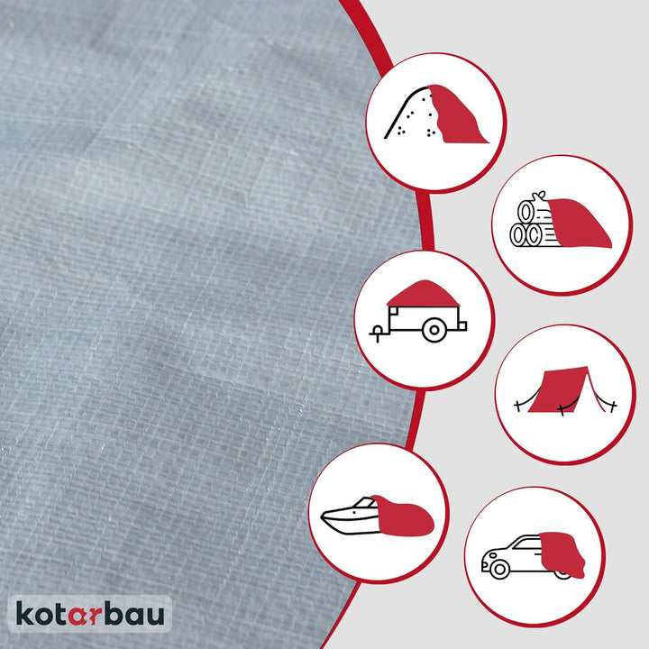 KOTARBAU® Gewebeplane 6x8 m Silber 200g/m2 Abdeckplane Verstärkten Ösen Schutzplane Bauplane Kordel