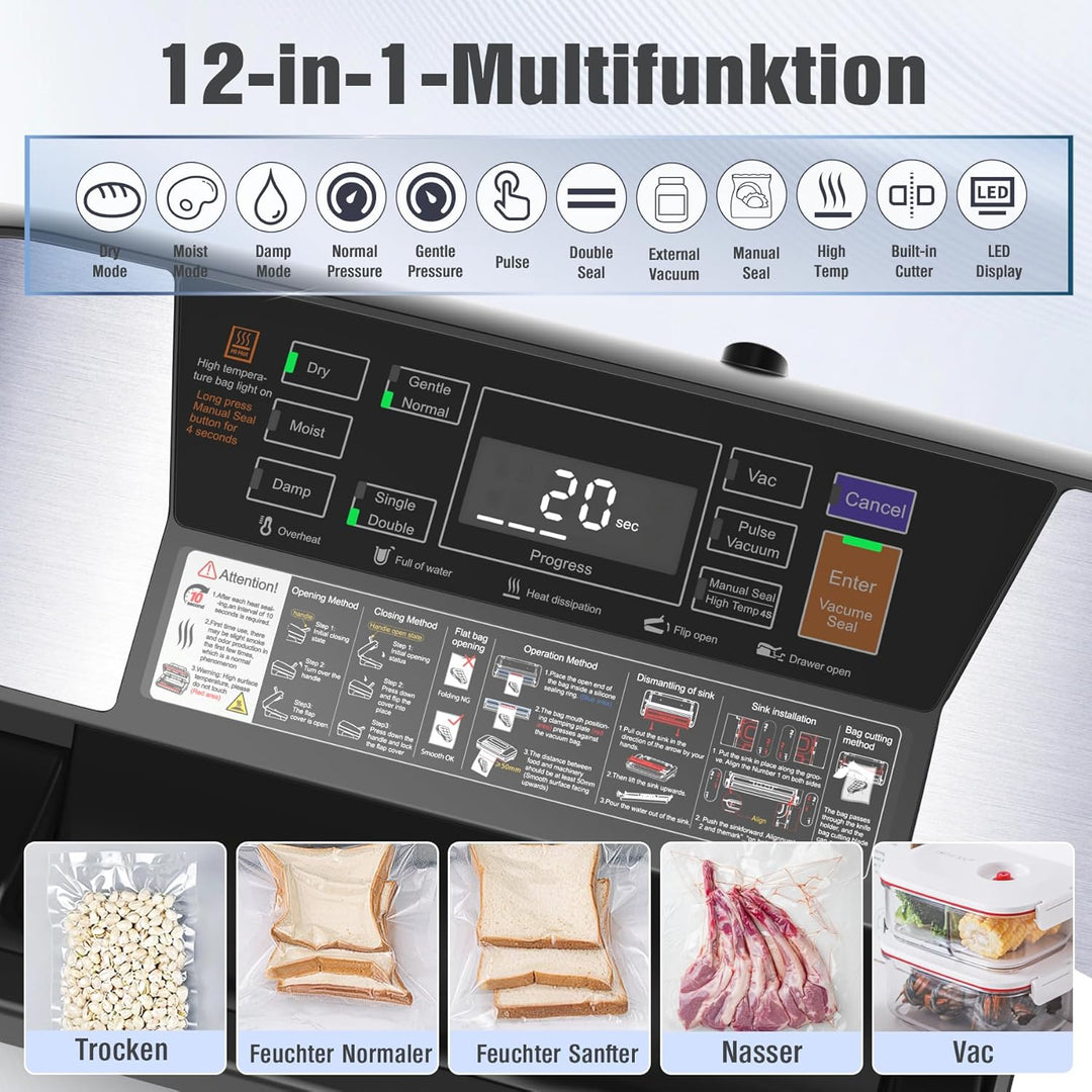 OidoZac 85kPa Vakumierergerät für Lebensmittel, 12-in-1 Folienschweissgerät mit Easy-Lock Griff, Vak