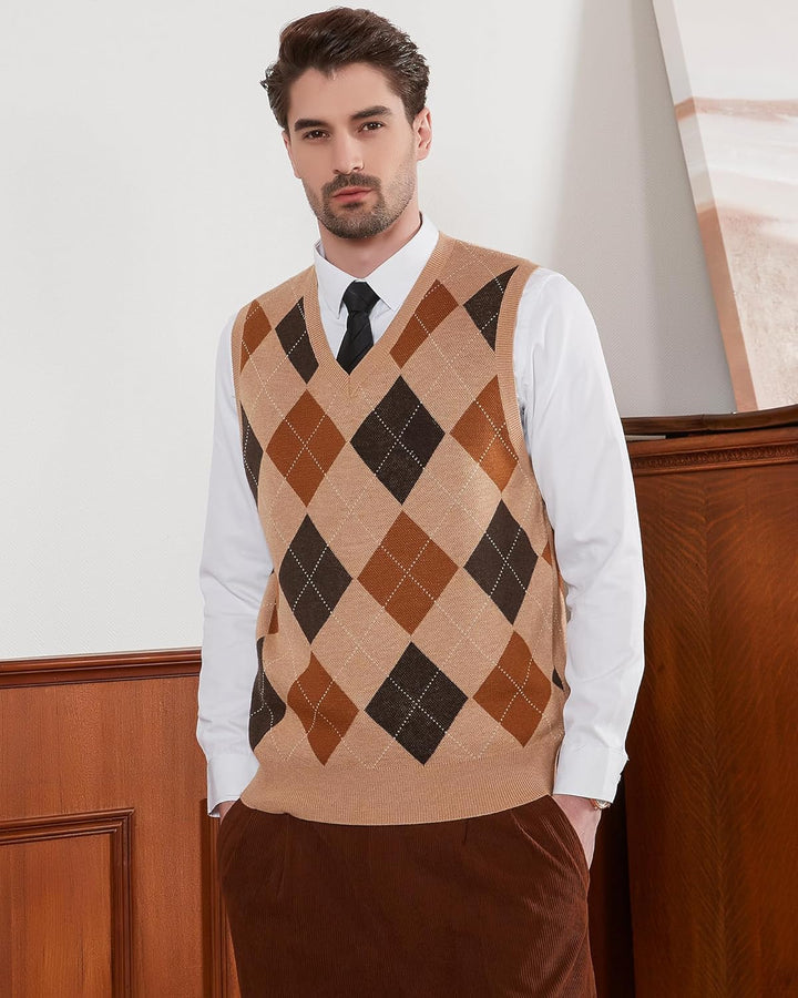 Kallspin Herren Argyle Gestrickt Ärmellos Pullover Wollmischung V-Ausschnitt Strickwesten 3XL Khaki,