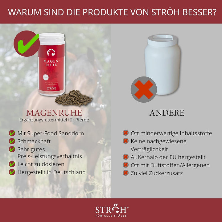 STRÖH Magenruhe Pferd (1kg) • Für Pferde Magen, Darm & Verdauung • Mineralfutter mit Bierhefe, Sandd