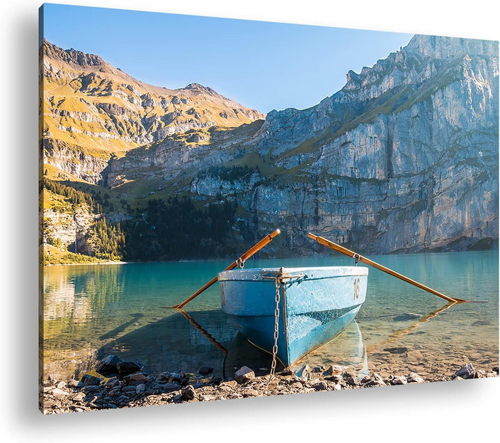 deyoli Traumhaftes Boot am See Format:90x60 cm als Leinwandbild, Motiv fertig gerahmt auf Echtholzra