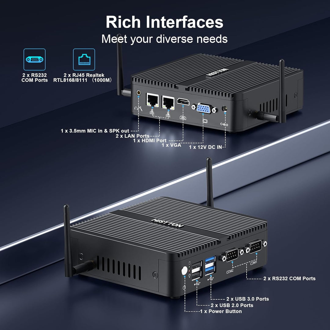 HISTTON N100 Mini PC Lüfterlos, DDR4 8GB RAM 128GB SSD, Industrie PC mit 2 RS232 COM, Dual LAN, WiFi
