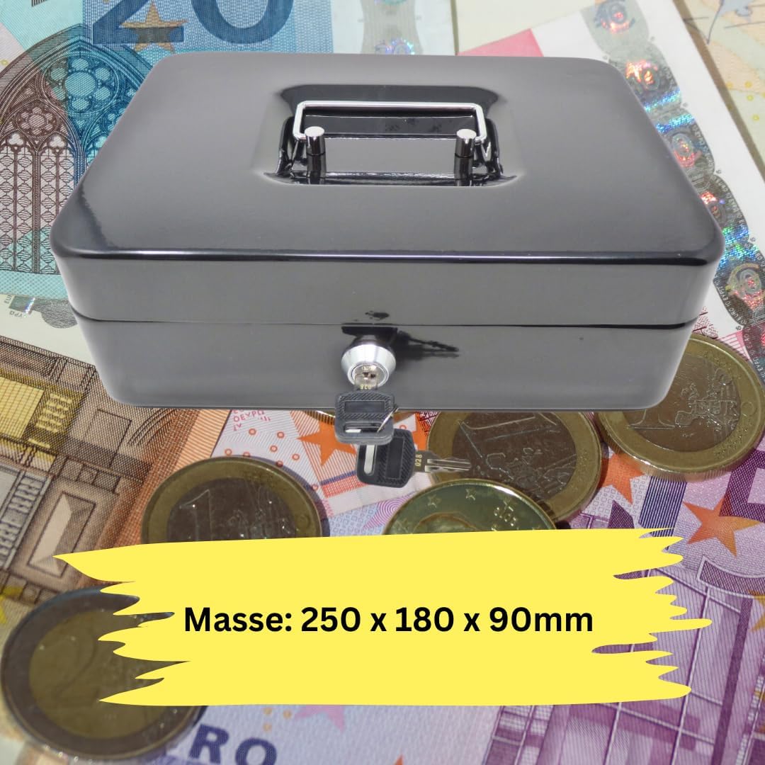 Geldkassette aus Metall - Schwarz mit Münzeinsatz - 250 x 180 x 90 mm, Schwarz