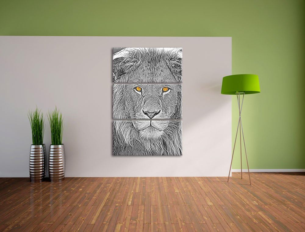 bildschöner Löwe schwarz/weiss Deluxe 3-Teiler Leinwandbild 120x80 Bild auf Leinwand, XXL riesige Bi
