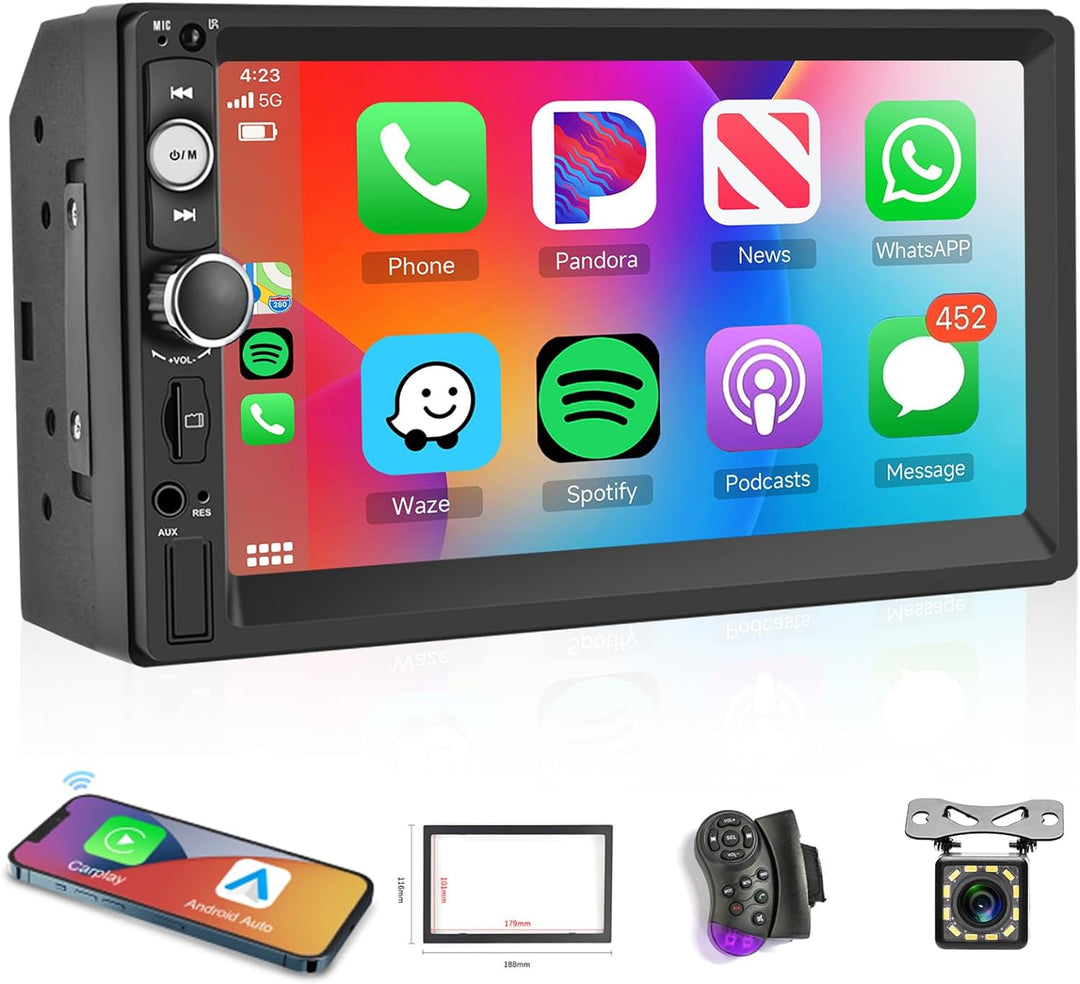 Hodozzy Wireless Carplay Android Auto 2 Din Autoradio, 7 Zoll HD Touchcreen Multimedia Player mit Bl
