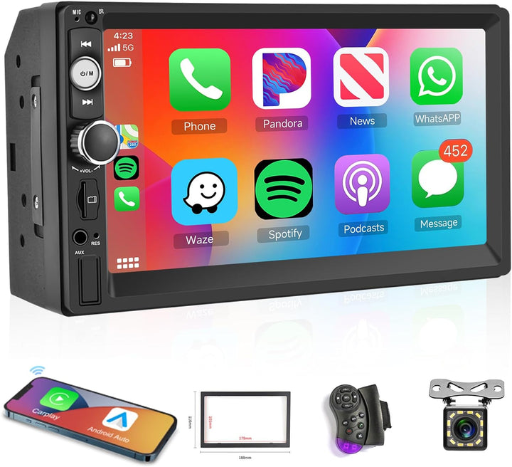 Hodozzy Wireless Carplay Android Auto 2 Din Autoradio, 7 Zoll HD Touchcreen Multimedia Player mit Bl
