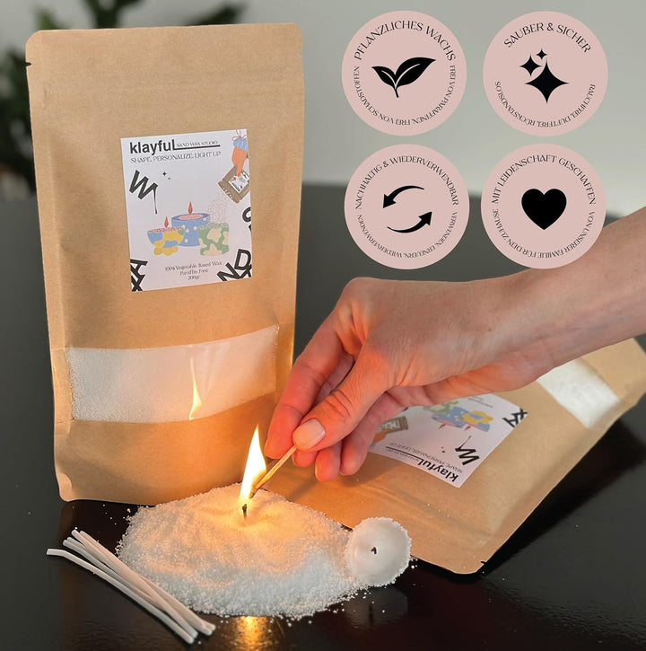 KLAYFUL - DIY-Set Kerzen & Keramik | 400g pflanzliches Perlwachs, 1,5kg Ton, Farben, Pinsel, Dochte,