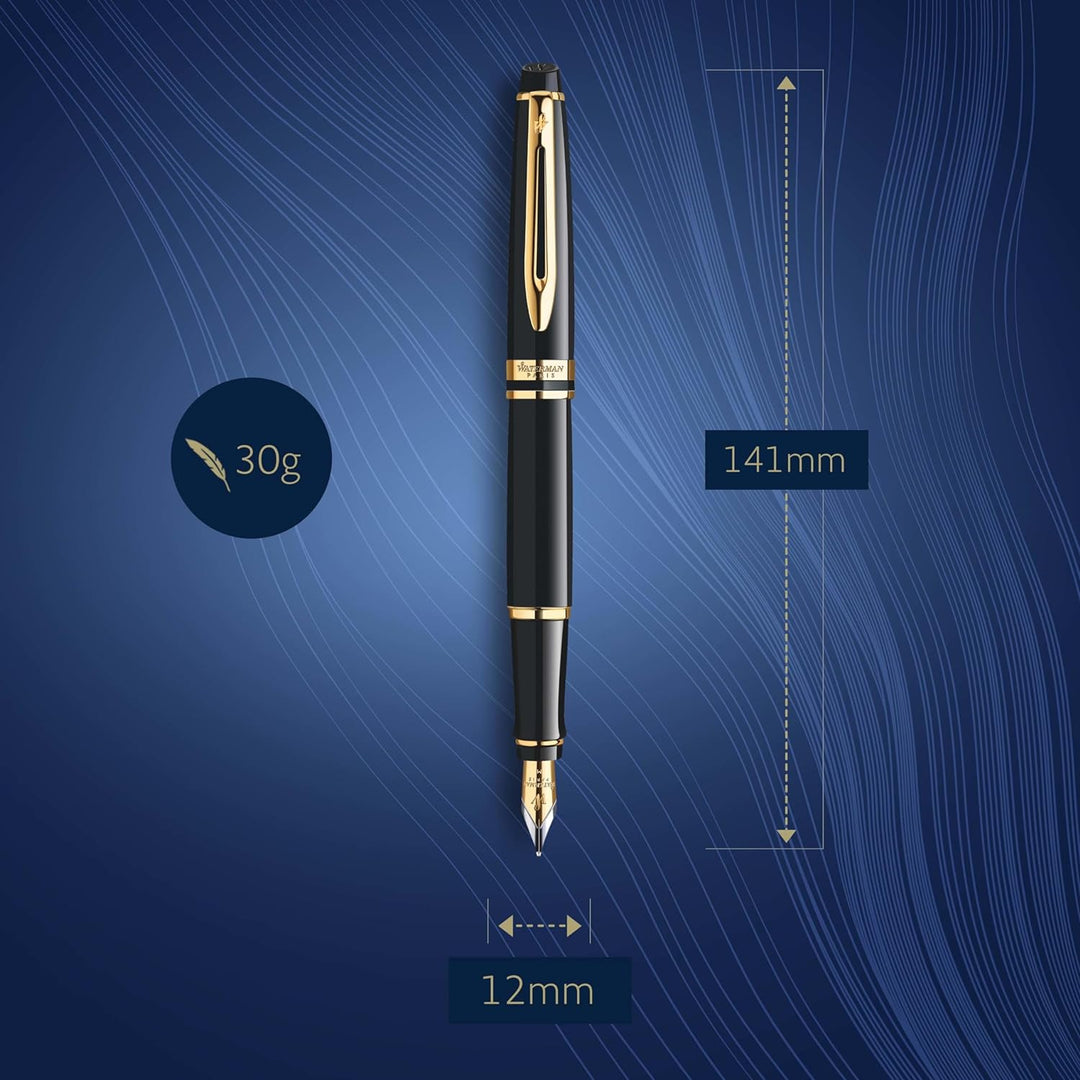 Waterman Expert Füller | Hochglänzend Schwarz mit Zierteile aus 23 K Gold | Füllfederhalter mit fein