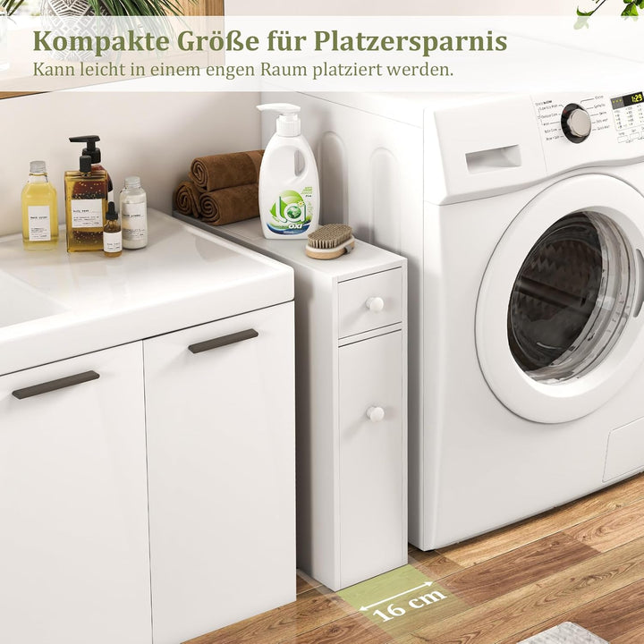 COSTWAY Nischenregal mit Schubladen, schmaler Nischenschrank aus Holz, Badschrank, Badregal, Seitens