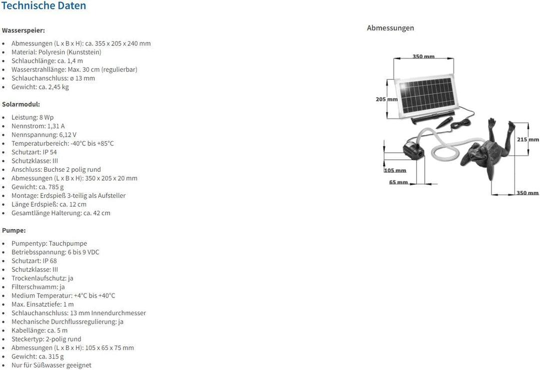 Solarbetriebener Wasserspeier Frosch - inkl. Solar Teichpumpe 8 Watt 380 l/h - Masse ca. 355 x 205 x