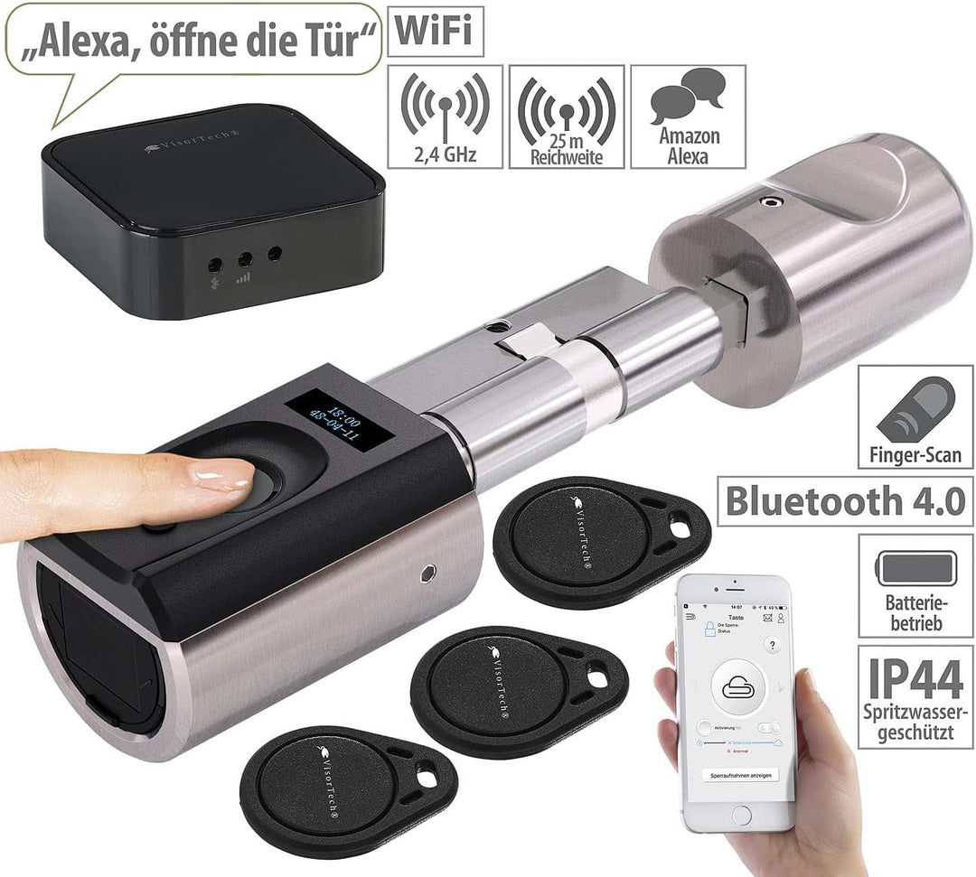 VisorTech Elektronisches Schloss: Elektronischer Tür-Schliesszylinder mit WLAN-Gateway, Fingerscan,