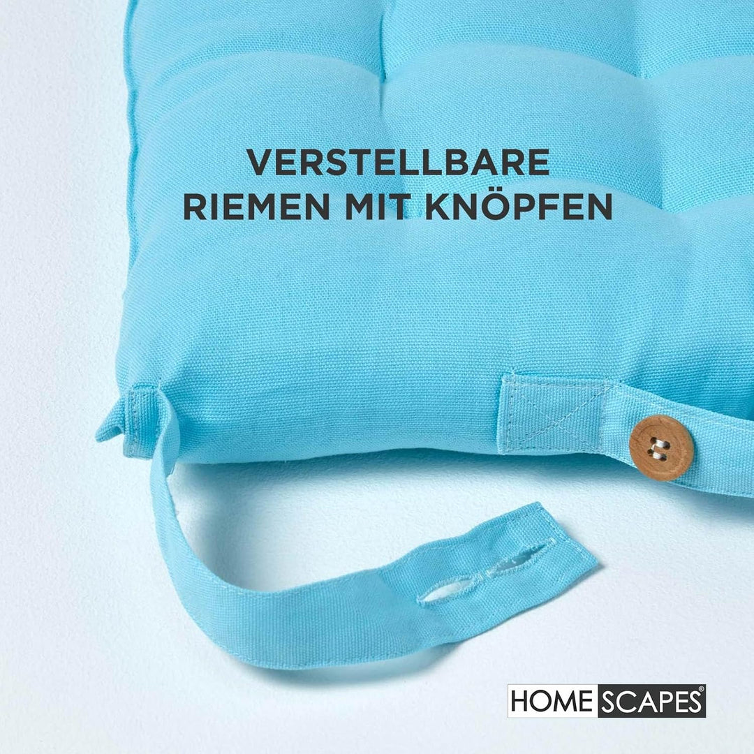 Homescapes 6er Set Stuhlkissen 40 x 40 cm, blau/hellblau, Sitzkissen mit Bändern und Knopfverschluss