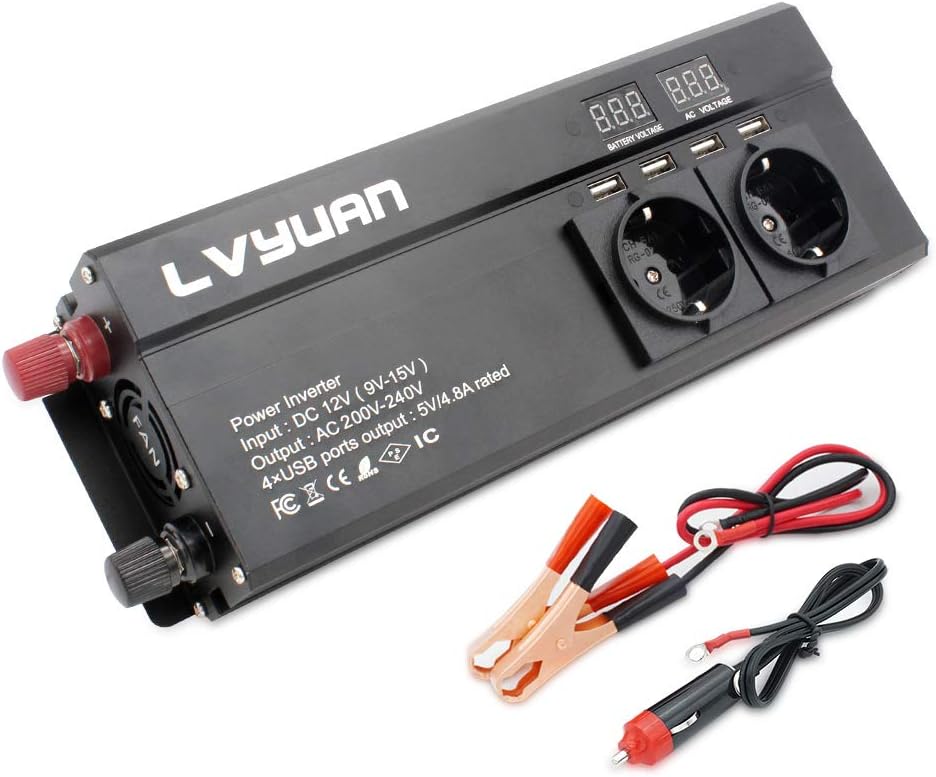 Cantonape Spannungswandler 12V 230V /1000w (2000w Peak Wechselrichter mit 3 Steckdose und 4 USB LED