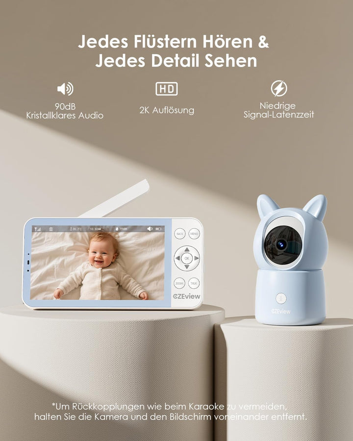 CZEview BM6 Babyphone mit 2 Kameras 2K & 4X Zoom, 5.5" HD Babyfon mit App (Blau mit 2 Kameras), Blau