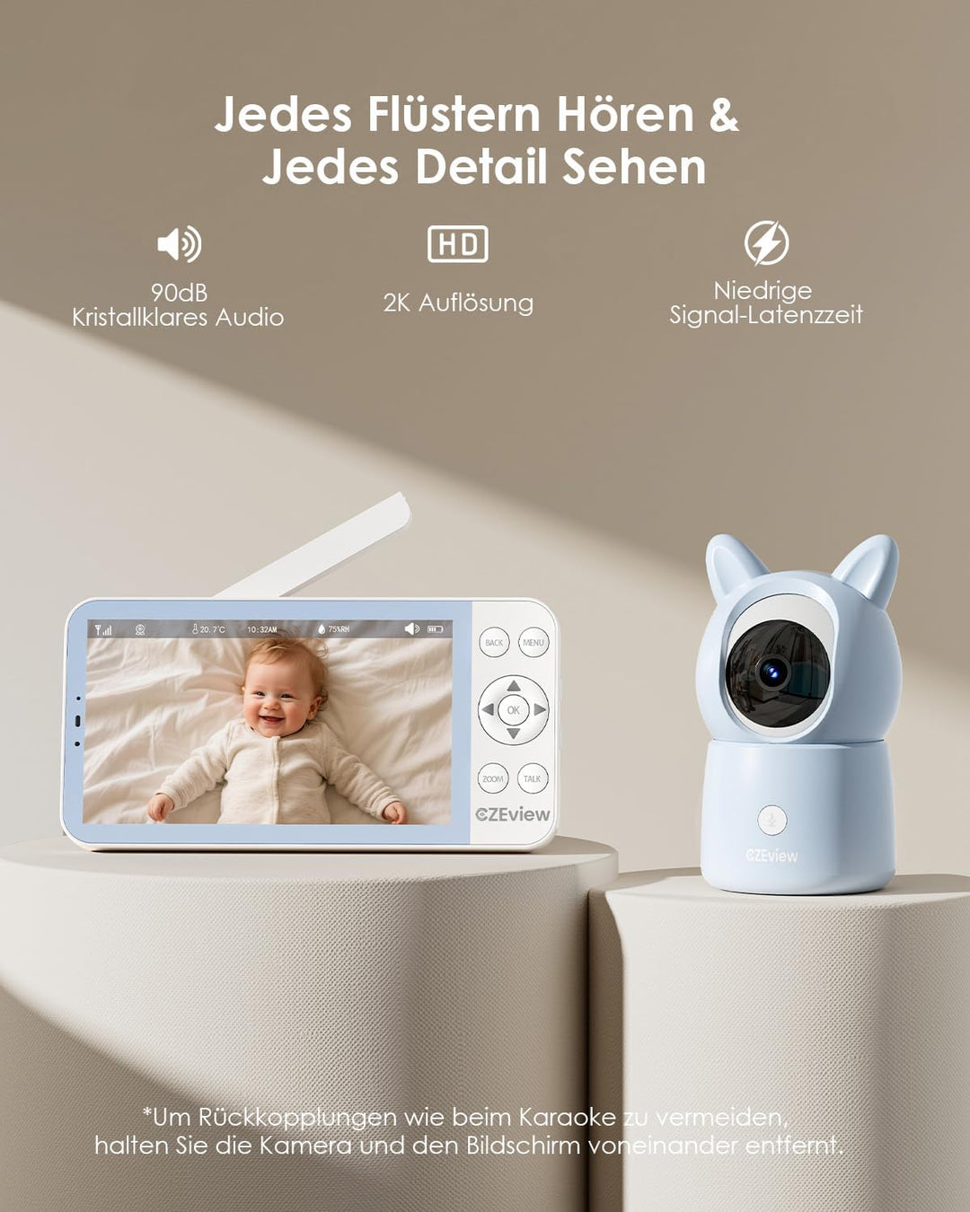 CZEview BM6 Babyphone mit Kamera 2K & 4X Zoom, 5.5" HD WLAN Video Babyfon mit App, Nachtsicht, Beweg