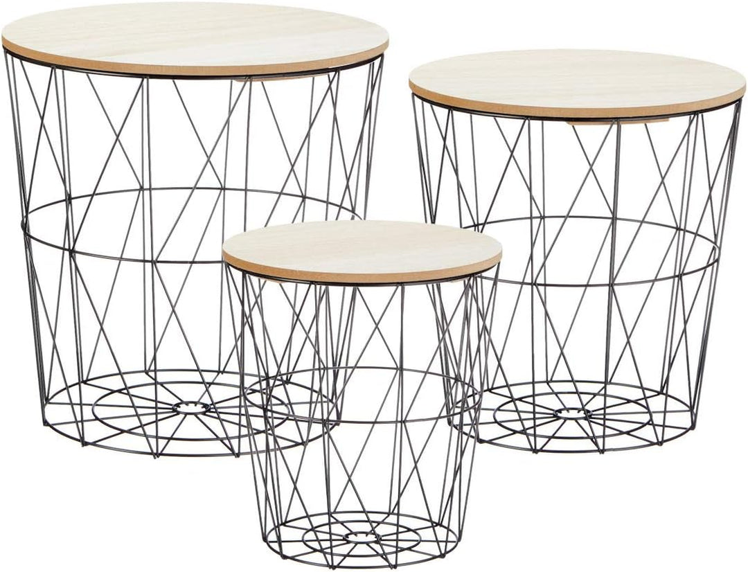 Metall Beistelltisch mit Stauraum schwarz - 3er Set/helle Tischplatten - Wohnzimmer Tisch mit Abnehm