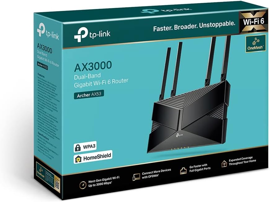 TP-Link Archer AX53 Wi-Fi 6 WLAN Router (2402 Mbit/s 5 GHz, 574 Mbit/s 2,4 GHz, 4 × Gigabit LAN-Port