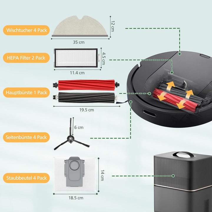 17 Stück Zubehör für Roborock Q5 Pro+ /Q5 Pro/ Q8 Max+ /Q8 Max Staubsauger, 2 Hauptbürsten, 2 HEPA-F