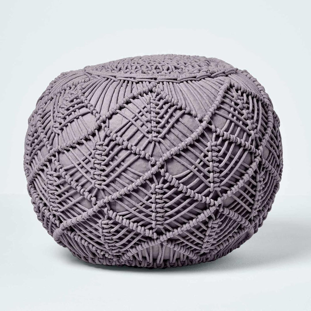 Homescapes Häkel-Pouf, grau, rundes Bodenkissen 35 x 40 cm in Boho Style, dekorativer Fusshocker in